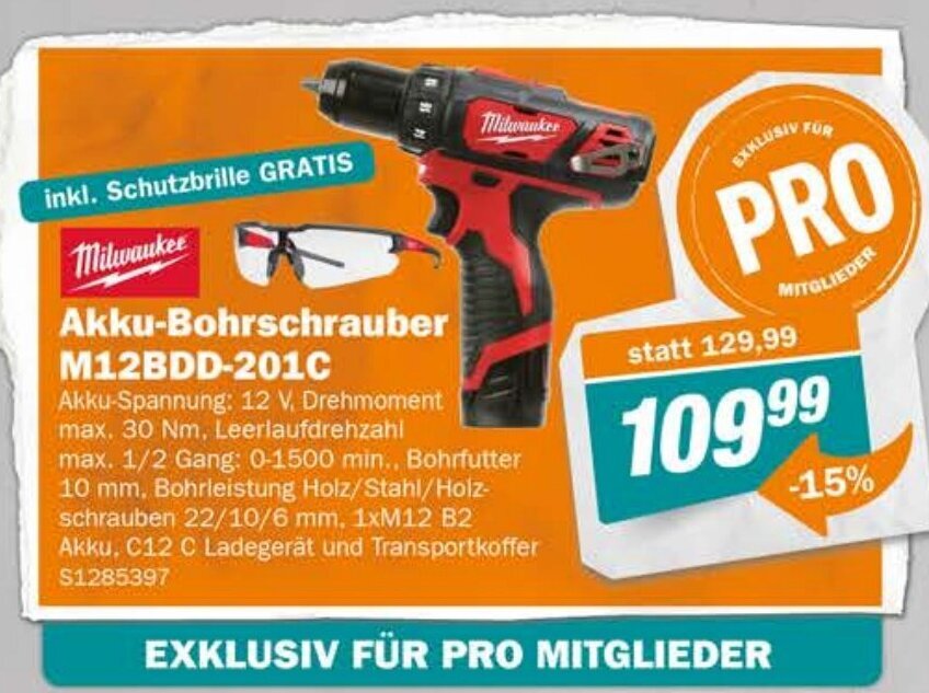 Let's Do It Baumarkt Milwaukee Akku-Bohrschrauber M12BDD-201C Angebot