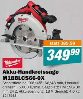 Let's Do It Baumarkt Milwaukee Akku-Handkreissäge M18BLCS66-0X Angebot