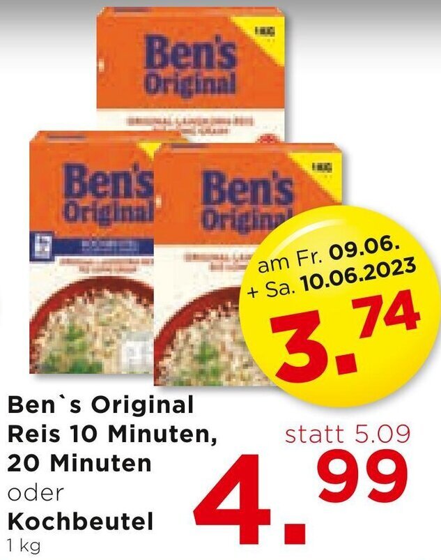 Unimarkt Ben's Original Reis 10 Minuten, 20 Minuten oder Kochbeutel 1 kg Angebot
