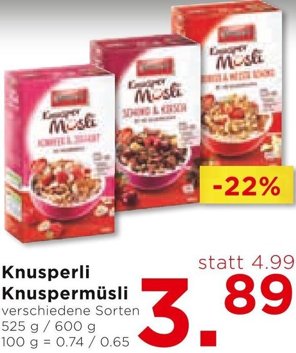 Unimarkt Knusperli Knuspermüsli verschiedene Sorten 525 g / 600 g 100 g Angebot