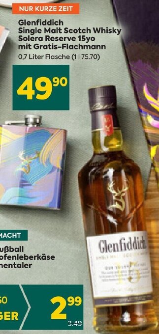 Billa Glenfiddich Single Malt Scotch Whisky Solera Reserve 15yo mit Gratis-Flachmann 0,7 Liter Flasche Angebot
