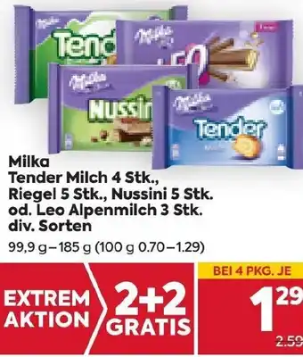 Billa Milka Tender Milch 4 Stk., Riegel 5 Stk., Nussini 5 Stk. od. Leo Alpenmilch 3 Stk. div. Sorten 99,9 g - 185 g Angebot