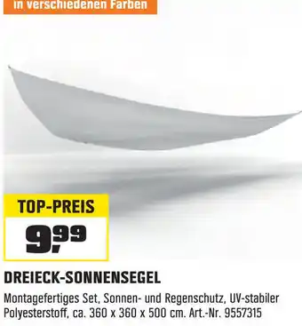 OBI DREIECK-SONNENSEGEL Montagefertiges Set, Sonnen- und Regenschutz, UV-stabiler Polyesterstoff, ca. 360 x 360 x 500 cm. Angebot