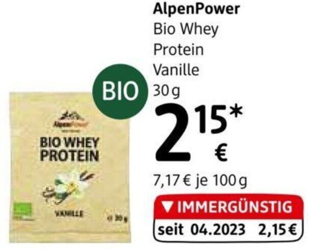 dm AlpenPower Bio Whey Protein Vanille 30 g Angebot
