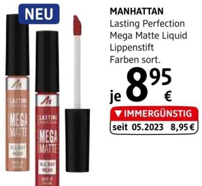 dm MANHATTAN Lasting Perfection Mega Matte Liquid Lippenstift Farben sort. Angebot