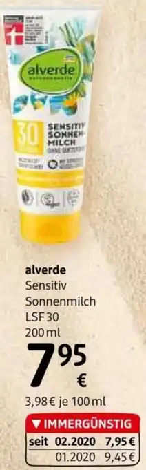 dm alverde Sensitiv Sonnenmilch LSF 30 200 ml Angebot