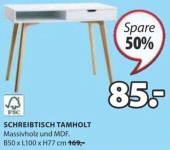 JYSK SCHREIBTISCH TAMHOLT Massivholz und MDF. B50 x L100 x H77 cm Angebot