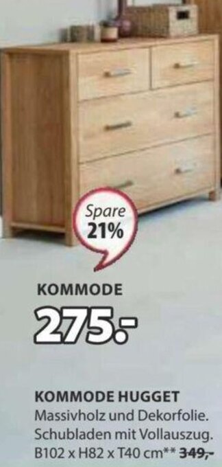 JYSK KOMMODE HUGGET Massivholz und Dekorfolie. Schubladen mit Vollauszug. B102 x H82 x T40 cm Angebot