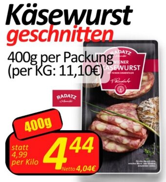 Wurstico Käsewurst geschnitten 400g per Packung Angebot