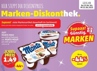 PENNY ZOTT MONTE MAXI pro 400 g Packung od. MONTE MEGA* pro 400 g Becher Angebot