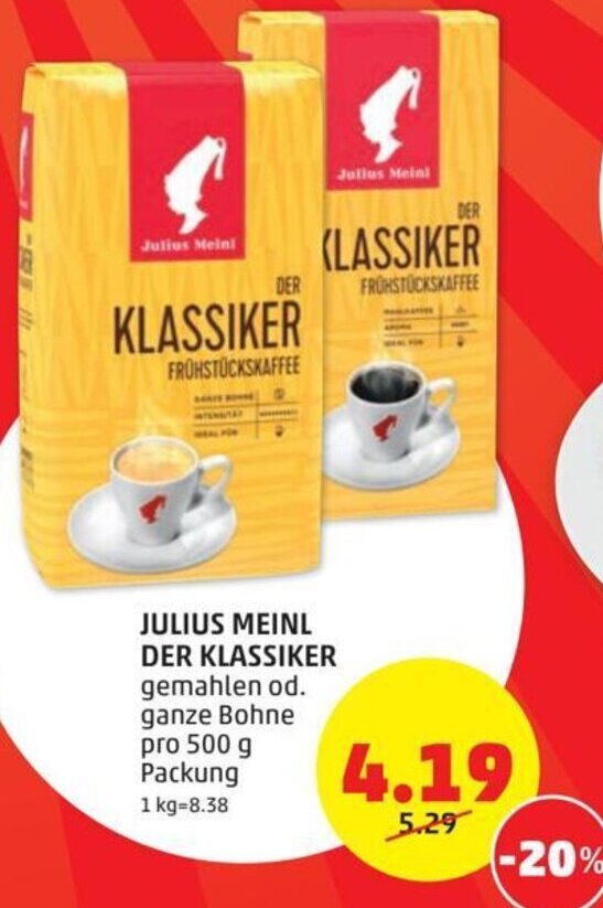 PENNY JULIUS MEINL DER KLASSIKER gemahlen od. ganze Bohne pro 500 g Packung Angebot