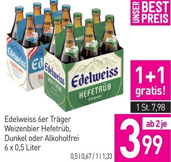 Sutterlüty Edelweiss 6er Träger Weizenbier Hefetrüb, Dunkel oder Alkoholfrei 6 x 0,5 Liter Angebot