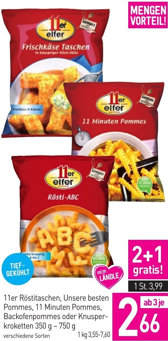 Sutterlüty 11er Röstitaschen, Unsere besten Pommes, 11 Minuten Pommes, Backofenpommes oder Knusper-kroketten 350 g - 750 g Angebot