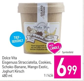 Sutterlüty Dolce Vita Eisgenuss Stracciatella, Cookies, Schoko-Banane, Mango Exotic, Joghurt Kirsch 480 ml Angebot