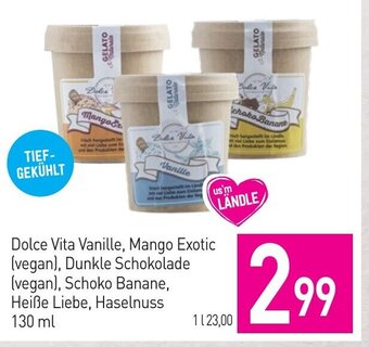 Sutterlüty Dolce Vita Vanille, Mango Exotic (vegan), Dunkle Schokolade (vegan), Schoko Banane, Heiße Liebe, Haselnuss 130 ml Angebot