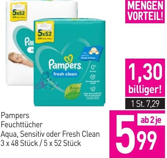 Sutterlüty Pampers Feuchttücher Aqua, Sensitiv oder Fresh Clean 3 x 48 Stück/5 x 52 Stück Angebot