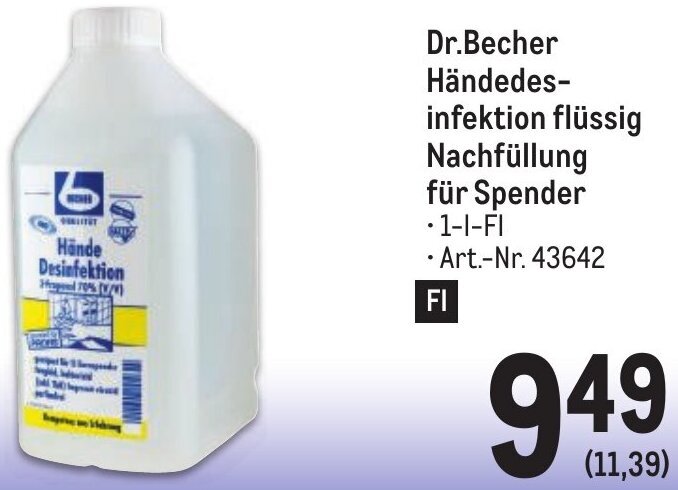 Metro Dr.Becher Händedes-infektion flüssig Nachfüllung für Spender •1-1-FI Angebot