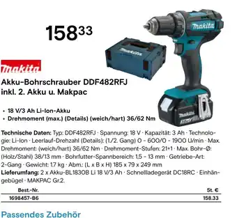 Conrad makita Akku-Bohrschrauber DDF482RFJ inkl. 2. Akku u. Makpac Angebot