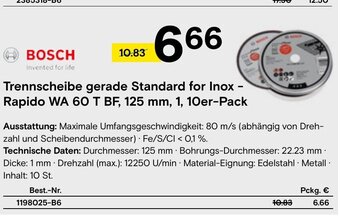 Conrad BOSCH Trennscheibe gerade Standard for Inox - Rapido WA 60 T BF, 125 mm, 1, 10er-Pack Angebot