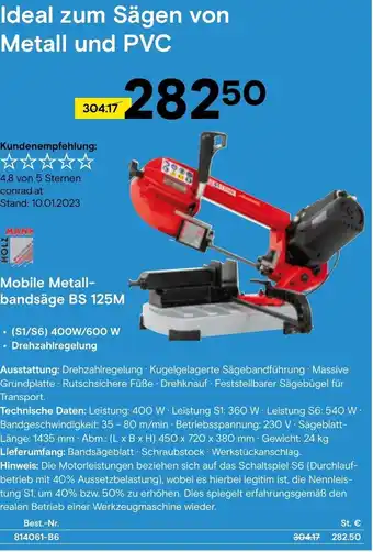 Conrad Holz Mann Mobile Metall- bandsäge BS 125M Angebot