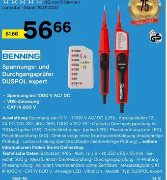 Conrad BENNING Spannungs- und Durchgangsprüfer DUSPOL expert Angebot