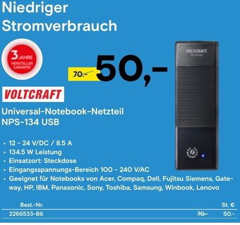 Conrad VOLTCRAFT Universal-Notebook-Netzteil NPS-134 USB Angebot
