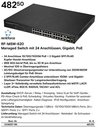 Conrad renkforce RF-MSW-620 Managed Switch mit 24 Anschlüssen, Gigabit, PoE Angebot