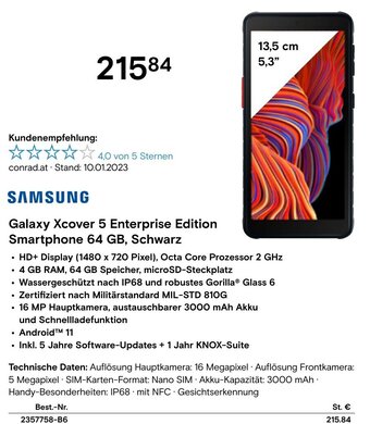 Conrad SAMSUNG Galaxy Xcover 5 Enterprise Edition Smartphone 64 GB, Schwarz Angebot