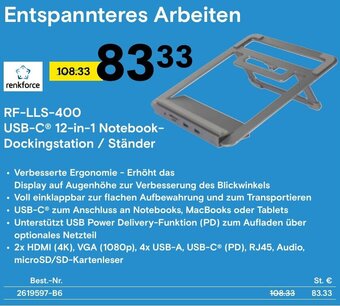 Conrad RF-LLS-400 USB-C® 12-in-1 Notebook-Dockingstation / Ständer Angebot