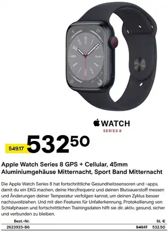 Conrad Apple Watch Series 8 GPS + Cellular, 45mm Aluminiumgehäuse Mitternacht, Sport Band Mitternacht Angebot