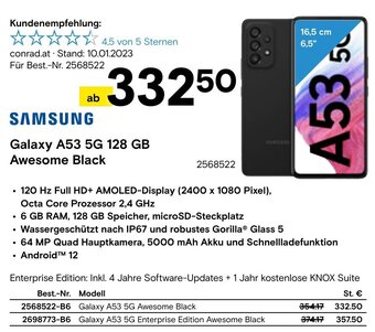 Conrad SAMSUNG Galaxy A53 5G 128 GB Awesome Black Angebot