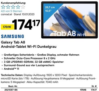 Conrad SAMSUNG Galaxy Tab A8 Android-Tablet Wi-Fi Dunkelgrau Angebot