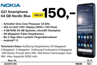 Conrad NOKIA G21 Smartphone 64 GB Nordic Blue Angebot