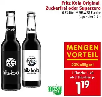 Interspar Fritz Kola Original, Zuckerfrei oder Superzero 0,33-Liter-MEHRWEG-Flasche Angebot