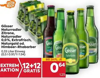 Billa Gösser Naturradler Zitrone, Naturradler 0,0%, Extrafrisch, Naturgold od. Himbeer-Rhabarber 0,33 Liter Angebot