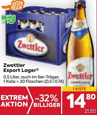 Billa Zwettler Export Lager¹) 0,5 Liter Angebot