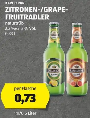 Hofer KARLSKRONE ZITRONEN-/GRAPE- FRUITRADLER 0,33 L Angebot