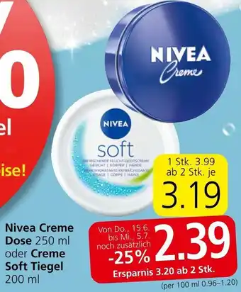 Interspar Nivea Creme Dose 250 ml oder Creme Soft Tiegel 200 ml Angebot