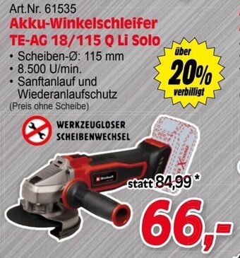 Zgonc Einhell Akku-Winkelschleifer TE-AG 18/115 Q Li Solo Angebot