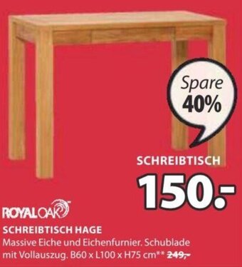 JYSK SCHREIBTISCH HAGE Massive Eiche und Eichenfurnier. Schublade mit Vollauszug. B60 x L100 x H75 cm Angebot