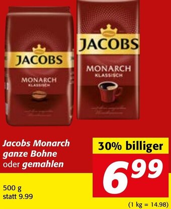 Strasser Markt Jacobs Monarch ganze Bohne oder gemahlen 500 g Angebot
