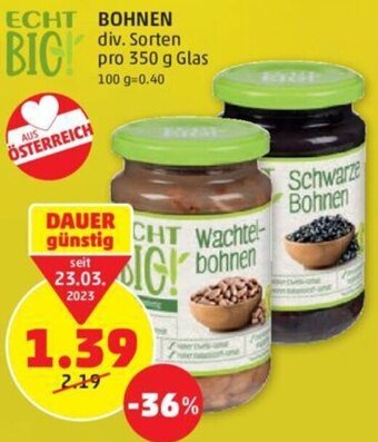 PENNY BOHNEN div. Sorten pro 350 g Glas Angebot