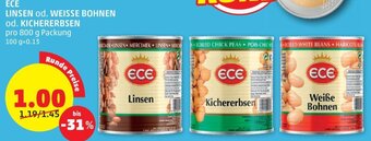PENNY ECE LINSEN od. WEISSE BOHNEN od. KICHERERBSEN pro 800 g Packung Angebot