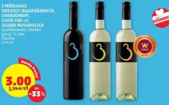 PENNY 3 MÄDLHAUS ZWEIGELT/BLAUFRÄNKISCH, CHARDONNAY, CUVÉE VIKI od. GELBER MUSKATELLER Qualitätswein, trocken pro 0,75 L Flasche Angebot