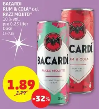 PENNY BACARDI RUM & COLA* od. RAZZ MOJITO** 10 % vol. pro 0,25 Liter Dose Angebot
