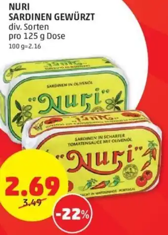 PENNY NURI SARDINEN GEWÜRZT div. Sorten pro 125 g Dose Angebot