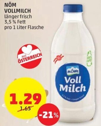 PENNY NÖM VOLLMILCH länger frisch 3,5 % Fett pro 1 Liter Flasche Angebot