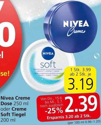 Eurospar Nivea Creme Dose 250 ml oder Creme Soft Tiegel 200 ml Angebot