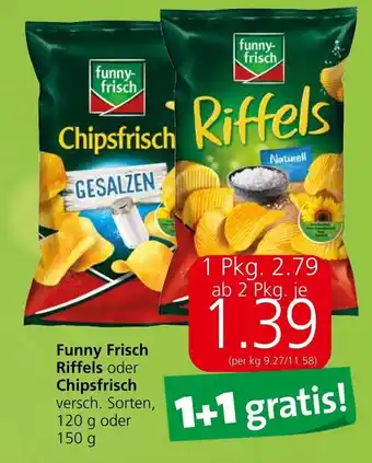 Eurospar Funny Frisch Riffels oder Chipsfrisch versch. Sorten, 120 g oder Angebot