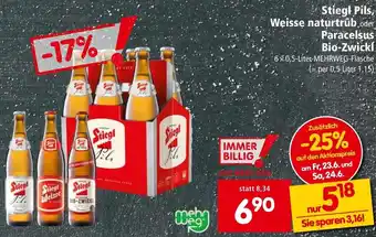 Spar Stiegl Pils, Weisse naturtrüb oder Paracelsus Bio-Zwickl. 6x0,5-Liter-MEHRWEG-Flasche Angebot